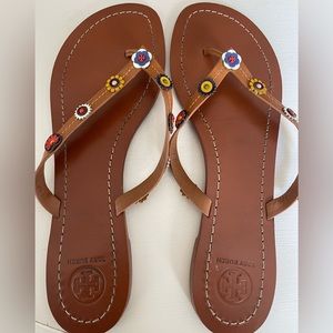 Tory Burch Leather Embellished Flip Flop Sandals